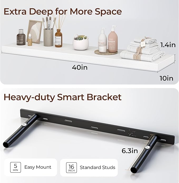Fun Memories Floating Shelves for Wall 40 Inch Set of 3, Farmhouse Floating Shelves with Invisible Heavy Duty Bracket, 10 Inch Deep Bathroom Shelves for Storage, Living Room, Kitchen, Decor, White