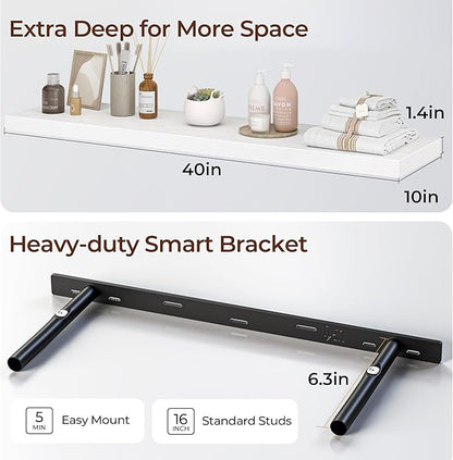 Fun Memories Floating Shelves for Wall 40 Inch Set of 3, Farmhouse Floating Shelves with Invisible Heavy Duty Bracket, 10 Inch Deep Bathroom Shelves for Storage, Living Room, Kitchen, Decor, White