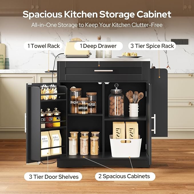 Concho 41'' Kitchen Island with Seating and Stainless Steel Countertop, Rolling Kitchen Carts on Wheels with Folding Drop Leaf, Bar Stool, Power Outlet, Spice/Towel Rack, Black