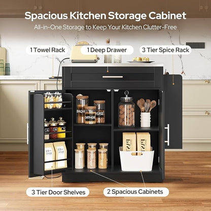 Concho 41'' Kitchen Island with Seating and Stainless Steel Countertop, Rolling Kitchen Carts on Wheels with Folding Drop Leaf, Bar Stool, Power Outlet, Spice/Towel Rack, Black