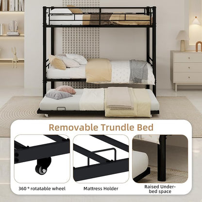 Livavege Detachable Bunk Bed Twin Over Twin with Trundle, Heavy Duty Bunk Beds for 3 Kids/Teens/Adults with Safety Guardrails & Ladder, Space Saving 3 Metal Bed Frame for Bedroom, Dorm, Black