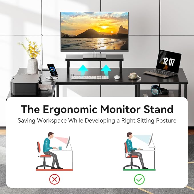 Furologee 50 Inch L Shaped Gaming Desk with Power Outlet, Corner Computer Desk for Home Office, Reversible Work Study Table with File Drawer, Monitor Stand, Storage Shelves, Black