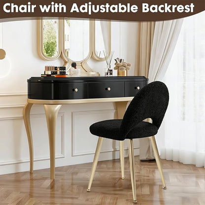 Vanity Chair with Adjustable Backrest, Boucle Upholstery Armless Makeup Stool, Black Sherpa Vanity Stool with Gold Metal Legs for Bedroom Living Room Kitchen Dinning Room (Gold and Black)