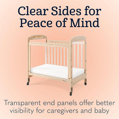 Foundations Serenity Compact 3 Side Clearview Daycare Crib Natural, Fixed Side, Durable Wood Construction, Non-Marking Casters (2 Locking), Includes 3” InfaPure Foam Mattress