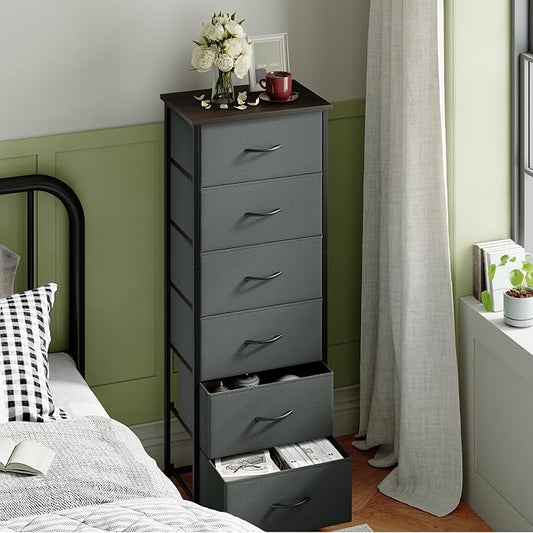 Somdot Tall Dresser for Bedroom with 6 Drawers, Storage Organizer Chest of Drawers with Removable Fabric Bins for Closet Bedside Living Room Laundry Entryway Hallway, Charcoal Grey