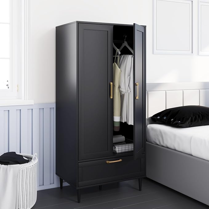 Bedroom Armoire Wardrobe Closet with Hanging Rod,60" 2 Door Almirah for Clothes with Drawers,Morden Storage Cabinet,Black