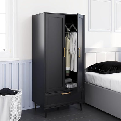 Bedroom Armoire Wardrobe Closet with Hanging Rod,60" 2 Door Almirah for Clothes with Drawers,Morden Storage Cabinet,Black