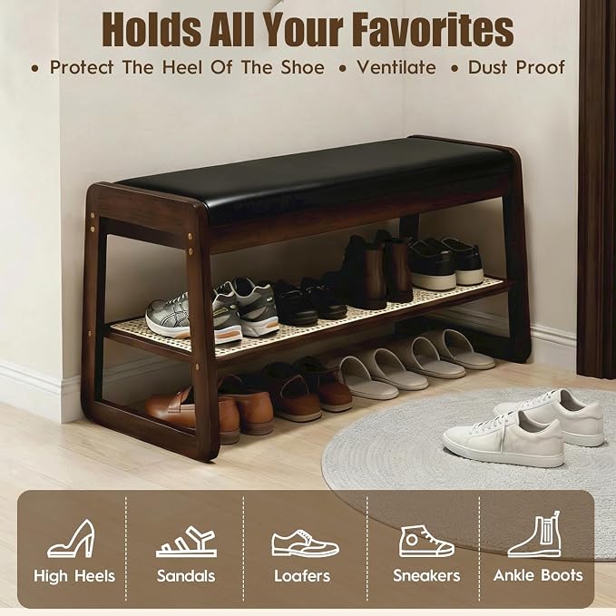 Shoe Rack Bench 2 Tier 27.6'' Bamboo Entryway Bench with Cushion and Hidden Storage Hold up to 300 lb Shoe Organizer for Hallway, Closet, Front Door Entrance, Foyer , Living Room, Bedroom (Black)