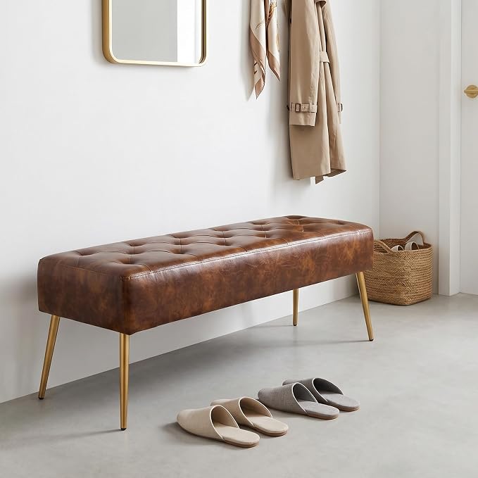 DUHOME Button-Tufted Ottoman Bench, Upholstered Bedroom Benches with Gold Legs Faux Leather Bench for Entryway Dining Room Living Room Bedroom End of Bed, Yellowish Brown