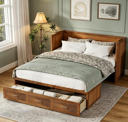 Bellemave Queen Murphy Bed with Charging Station and Storage, Farmhouse Murphy Bed with Foldable Panel for Guest Bedroom, Living Room, Office, Walnut