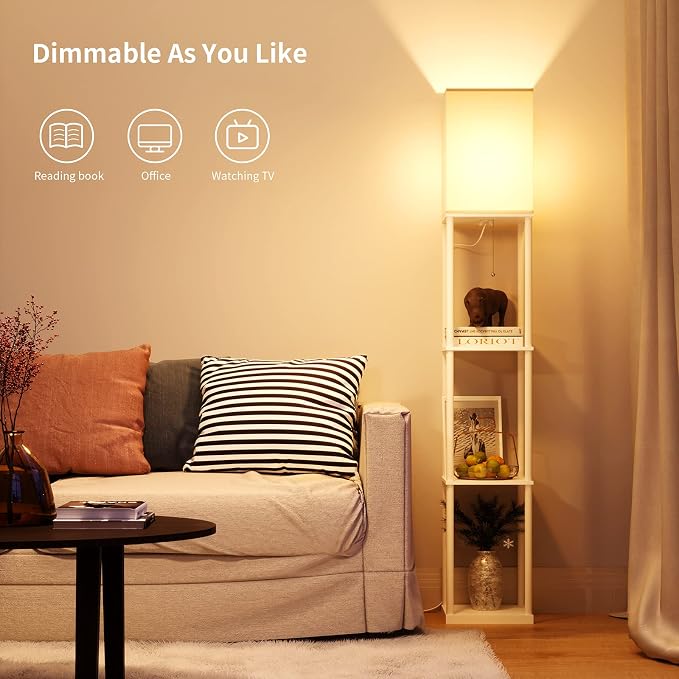 SUNMORY Floor Lamp with Shelves, Modern Square Standing Lamp with 3 Color Temperature Bulb, Corner Display Bookshelf Lamp for Living Room and Bedroom