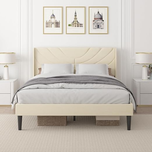 VECELO Upholstered Platform Queen Bed Frame with Fabric Headboard,Wooden Slats Support/No Box Spring Needed/Mattress Foundation,Beige