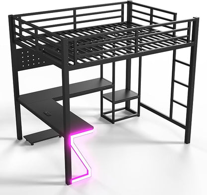 Bellemave Full Size Loft Bed with Desk and USB Ports, Computer Tray, Peg Board LED, Metal Full Loft Bed Frame for Adults, Kids, Teens, Black