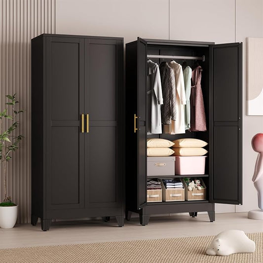 Metal Armoire Wardrobe Closet Storage Cabinet with 2 Doors Black, 71'' Wardrobe Cabinet with Hanging Rod Metal Closet with 2 Adjustable Shelves for Bedroom, Laundry Room, Cloak Room