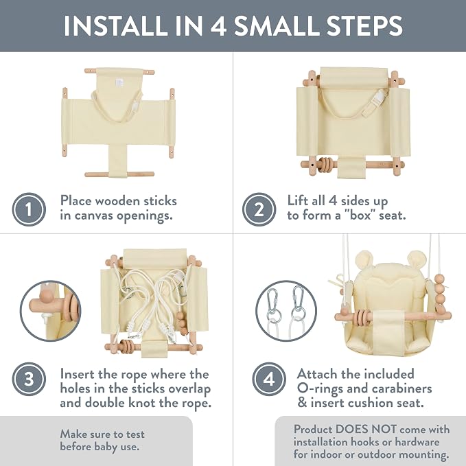Monkey & Mouse Baby Swing, Pale Yellow Indoor Outdoor Portable Hanging Chair, Infant & Toddler Kids 6 Months - 4 Years, Cotton Canvas & Beech Wood Frame, Sensory Hammock Boy & Girl Seat w/Wooden Toys
