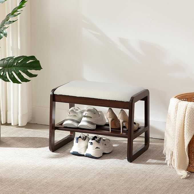 Achicsofar Small Shoe Rack Bench,2 Tier Solid Wooden Entryway Bench with Shoe Storage, Shoe Rack with Cushion for Living Room, Hallway(CreamWhite, 21.6")