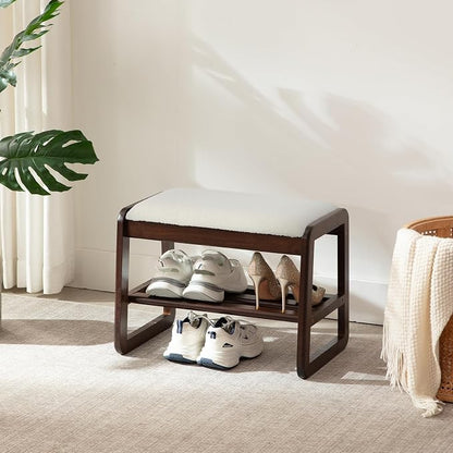 Achicsofar Small Shoe Rack Bench,2 Tier Solid Wooden Entryway Bench with Shoe Storage, Shoe Rack with Cushion for Living Room, Hallway(CreamWhite, 21.6")