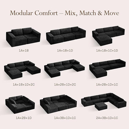 Vesgantti 119" L-Shaped Modular Sectional Sofa, Corduroy Cloud Couch with Deep Seating & Spring Support, Flexible Layout Sofa with Ottoman, Boneless Style, No Assembly Required, Black
