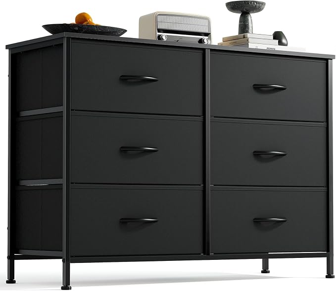 DUMOS 6 Drawer Dresser for Bedroom, Wide Storage Chest of Drawers Cabinet | Fabric Storage Organizer with Wooden Top, TV Stand for 43-50 Inch TV in Closet, Living Room, Black