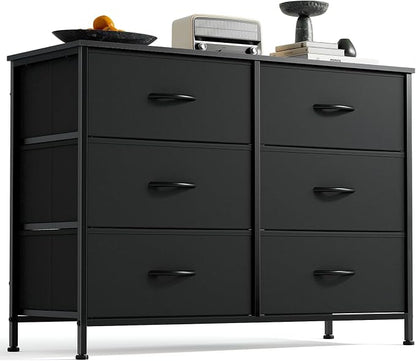 DUMOS 6 Drawer Dresser for Bedroom, Wide Storage Chest of Drawers Cabinet | Fabric Storage Organizer with Wooden Top, TV Stand for 43-50 Inch TV in Closet, Living Room, Black