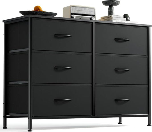 DUMOS 6 Drawer Dresser for Bedroom, Wide Storage Chest of Drawers Cabinet | Fabric Storage Organizer with Wooden Top, TV Stand for 43-50 Inch TV in Closet, Living Room, Black
