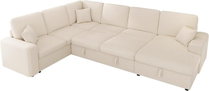 VanAcc 130" Sofa Bed, Sectional Sleeper Sofa with Pull Out Bed, Sleeper Couch with Storage, 6 Seater Couch for Living Room, Corduroy Off-White