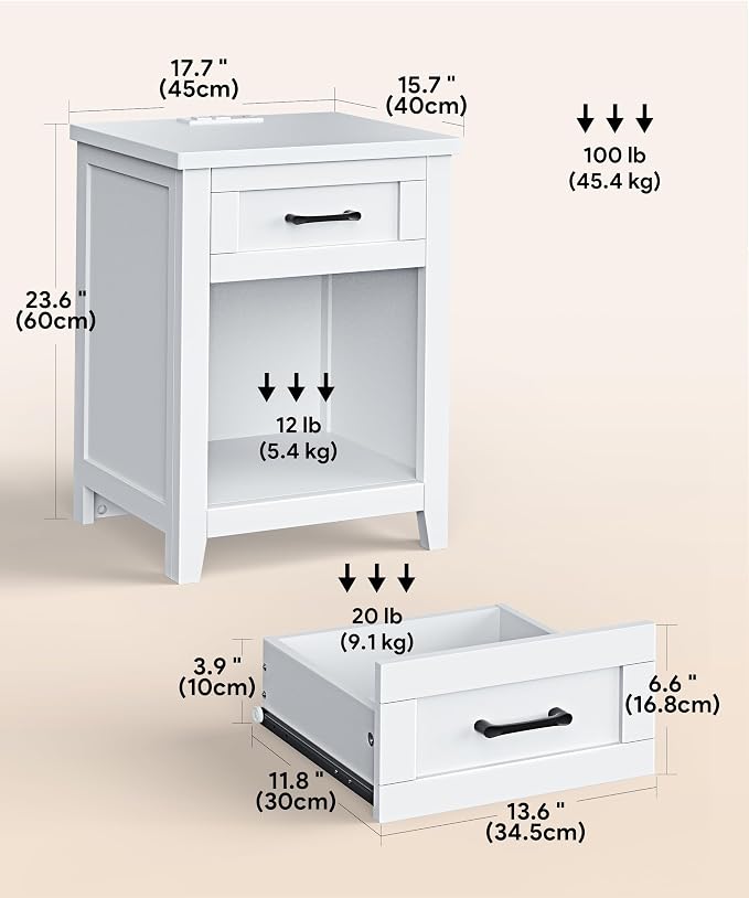 Decofy Farmhouse Nightstand with Charging Station & Large Storage, Modern End Tables with Outlets, USB Ports and Type-C Ports, Easy Assembly for Bedroom (Pure White)