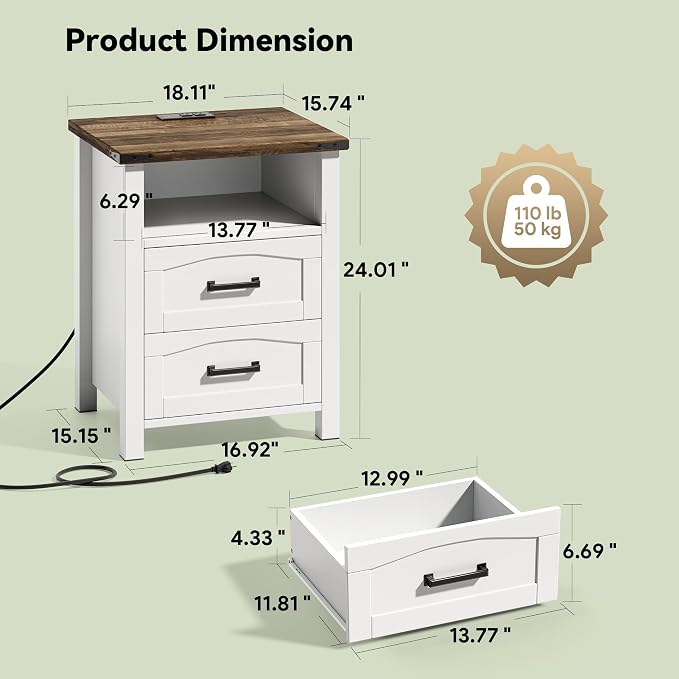 Decofy Farmhouse Nightstand Set of 2 with Charging Station, 18'' Wide Rustic End Table with USB/Type-C Ports, 2 Drawers & Open Shelf, Wood Bedside Table for Bedroom, White