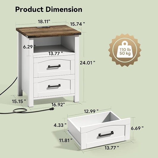 Decofy Farmhouse Nightstand Set of 2 with Charging Station, 18'' Wide Rustic End Table with USB/Type-C Ports, 2 Drawers & Open Shelf, Wood Bedside Table for Bedroom, White