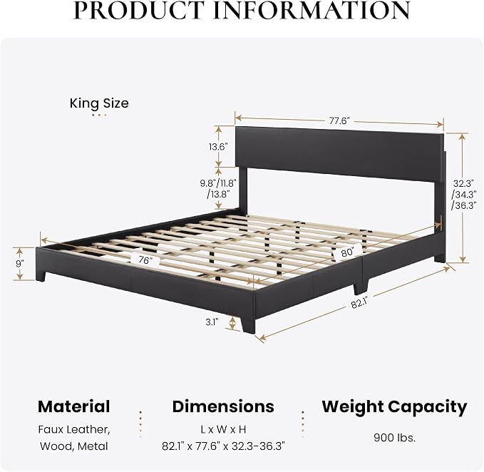 SHA CERLIN PU Leather Upholstered King Size Bed Frame with Headboard,Black | Adjustable Low-Profile Platform Bed, Minimalist Design, Stable Mattress Foundation, Strong Back-Support, No Box Spring Needed