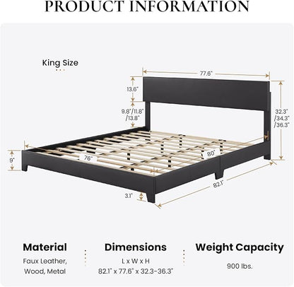 SHA CERLIN PU Leather Upholstered King Size Bed Frame with Headboard,Black | Adjustable Low-Profile Platform Bed, Minimalist Design, Stable Mattress Foundation, Strong Back-Support, No Box Spring Needed