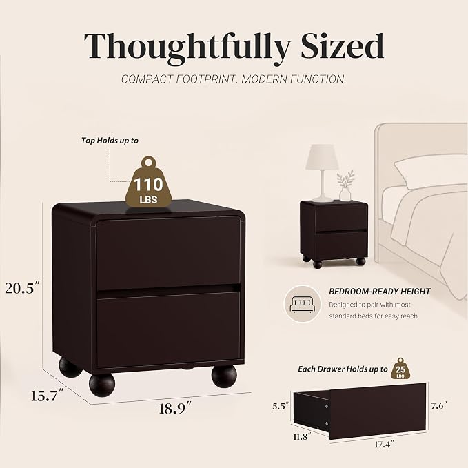 Furniway Brown Nightstand Set of 2, Modern 2 Drawer Bedside Table with Curved Profile Design and Handle-Free Drawers, Modern End Table with Storage for Bedroom