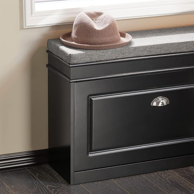 SoBuy Small Shoe Storage Bench, Black Narrow Shoe Cabinet for Entryway, Shoe Rack with Cushion&2 Tiers Flip-Drawer, Closet Hallway Mudroom FSR82-L-SCH