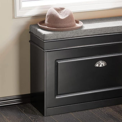 SoBuy Small Shoe Storage Bench, Black Narrow Shoe Cabinet for Entryway, Shoe Rack with Cushion&2 Tiers Flip-Drawer, Closet Hallway Mudroom FSR82-L-SCH