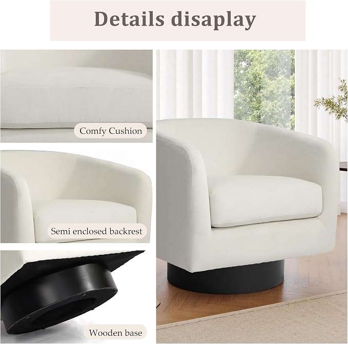 Swivel Barrel Accent Chairs Set of 2, Velvet Upholstered Armchair Modern Round Club Arm Chair for Living Room, Comfy Single Sofa Seating Bedroom Side Reading Seat for Home Office - Ivory