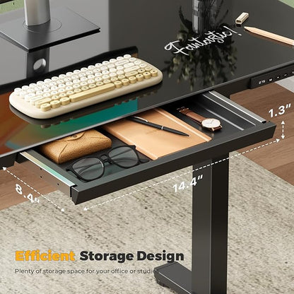 Glass Electric Standing Desk with Drawer, 35" x 20" Whole Piece Tabletop Samll Sit Stand Table, Height Adjustable Workstation with Storage & USB Ports, Quick Install Home Office Desk