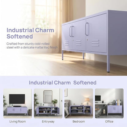 3 Door TV Stand with Storage Locke Metal TV Cabinet with 2-Tier Multi-Purpose Lockable Wide Storage Cabinet, Media Console Table with Metal Legs for Living Room, Bedroom,Office,Purple ﻿
