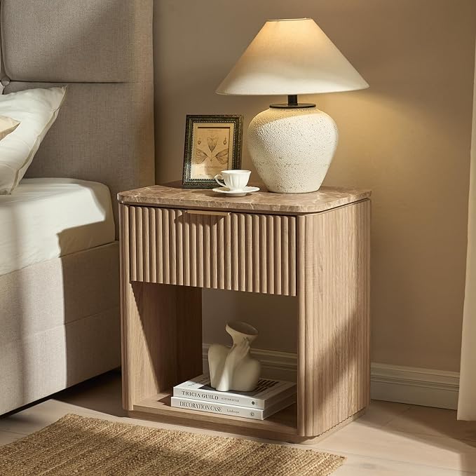 Fluted Nightstand Set of 2, 23" W Night Stand with Drawer, Wood Bed Side Table with Faux Marble-Top, Curved Corner, Metal Handle, Modern Bedside Table for Bedroom, Living Room, Office, Natural Oak