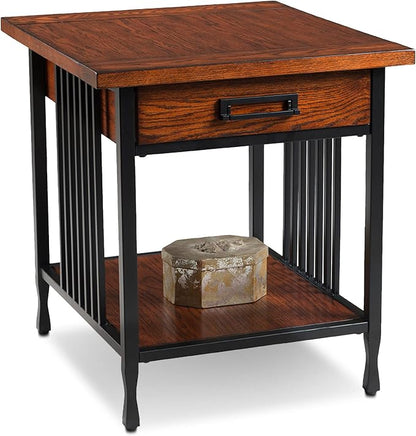 Leick Home Ironcraft End Table, Solid Wood, 1 Storage Drawer, Bottom Display Shelf, Mission Oak, Black Steel Base, Easy Assembly, 22 in W x 24 in H x 24 in D, 11207