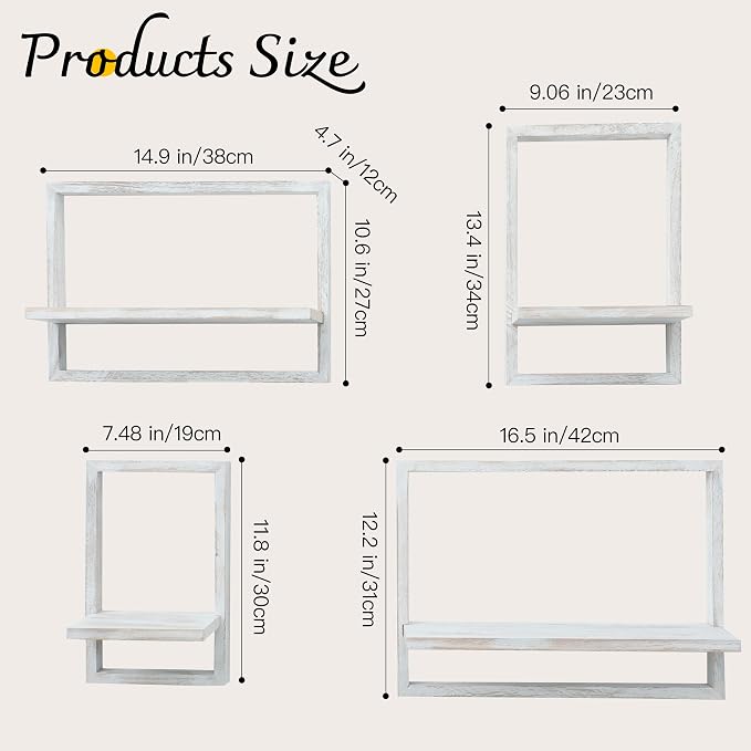PHOENANCEE Square Floating Shelves,Framed Wall Shelf Decorative Set of 4,Modern Plants Hanging Display Art Decor Storage for Livingroom Bedroom Bathroom Farmhouse,Home Light Wood,Rustic White