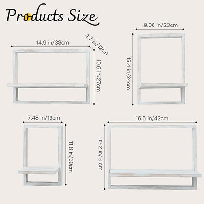 PHOENANCEE Square Floating Shelves,Framed Wall Shelf Decorative Set of 4,Modern Plants Hanging Display Art Decor Storage for Livingroom Bedroom Bathroom Farmhouse,Home Light Wood,Rustic White