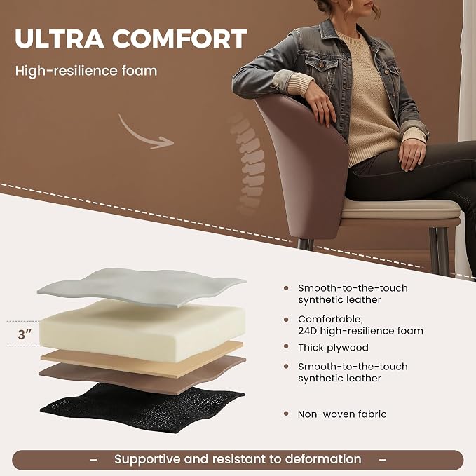 Modern Curved Back Dining Chairs Set of 6, Faux Leather Upholstered Accent Chair, Mid-Century Kitchen Side Chair with Soft Cushion for Dining Room, Living Room, Bedroom, Brown