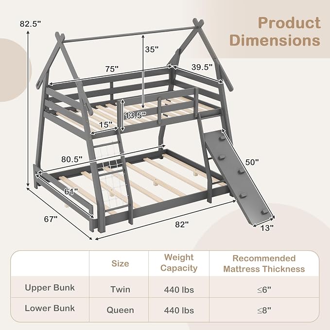 KOTEK Twin Over Queen Bunk Bed, House Bunk Beds with Climbing Nets and Ramp, No Box Spring Needed, Solid Wood Low Bunk Bed Frame for Kids Boys Girls (Grey)