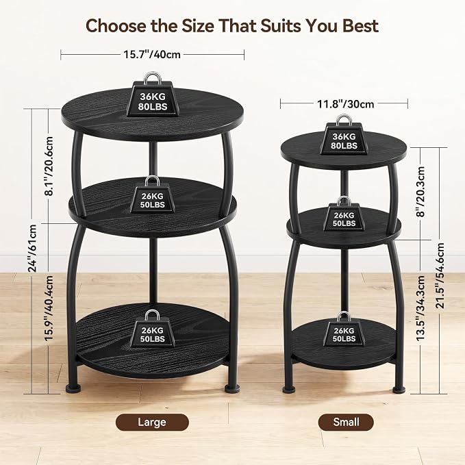 Round Side Table, 3-Tier End Table with Storage Shelf, 15.7" Wide Nightstand for Small Spaces, Tall Sofa Table Capable of Holding Laptops & Lamps, Bedside Table for Bedroom & Living Room, Black