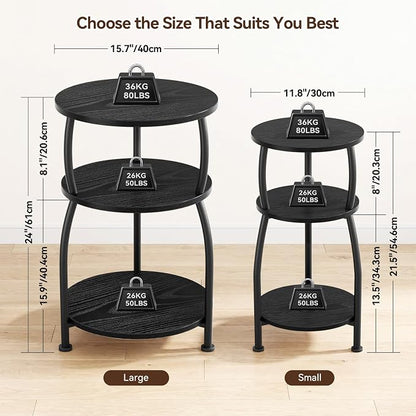 Round Side Table, 3-Tier End Table with Storage Shelf, 15.7" Wide Nightstand for Small Spaces, Tall Sofa Table Capable of Holding Laptops & Lamps, Bedside Table for Bedroom & Living Room, Black