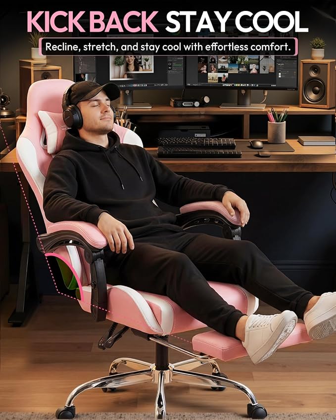 Dowinx Ergonomic Gaming Chair with Footrest & Massage Lumbar, 2D-Linkage Armrests for Computer Chair 330lbs with Headrest Pillow for Office, Home, Streaming and Long Gaming Sessions, Bright Pink