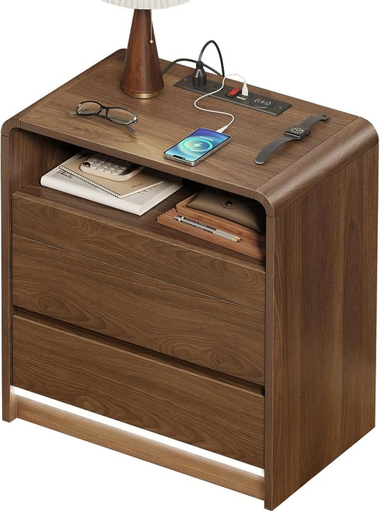 Messenya Mid Century Modern Nightstand with Drawer Organizer for Bedroom | Top Soft Close Drawer of 23.6'' Bedside Table with 6 Compartments, Motion Sensor LED Light, Charging Station, Walnut Finish