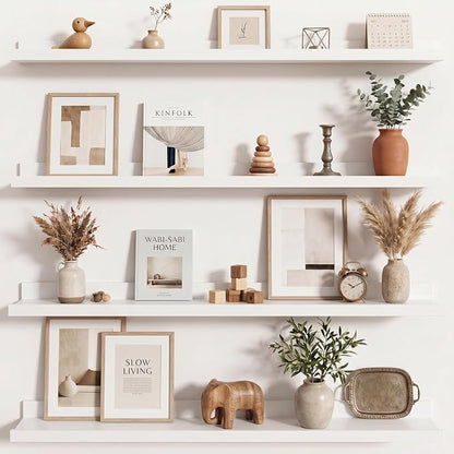 Axeman Picture Ledge Shelf | 36 Inch White Floating Shelves Set of 4 | Rustic Wood Wall Shelves with Lip | 36" White Picture Shelves for Wall with Ledge | Photo Shelves