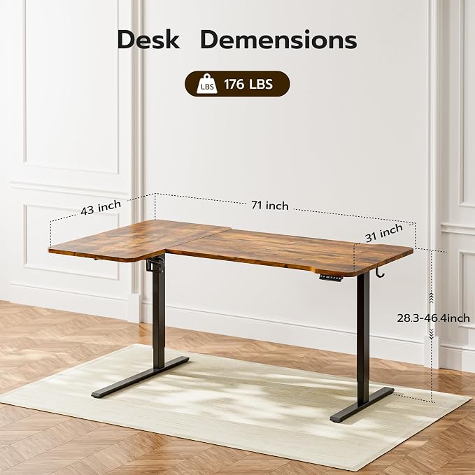 Acrolix L Shaped Electric Standing Desk - 71x43.5 Inch Reversible Corner Sit Stand Desk with Hook&Cup Holder,Electric Height Adjustable Table,for Home Office Gaming&Trading Computer Desk, Rustic Brown