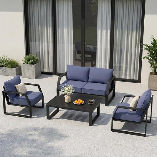 Oversized Modern Outdoor Patio Furniture Set with 5" Thick Cushions, Deep Seats & Wide Armrests, Comfortable Aluminum All-Weather Rustproof UV-Resistant Frame, 4-Seater for Garden, Backyard, Poolside